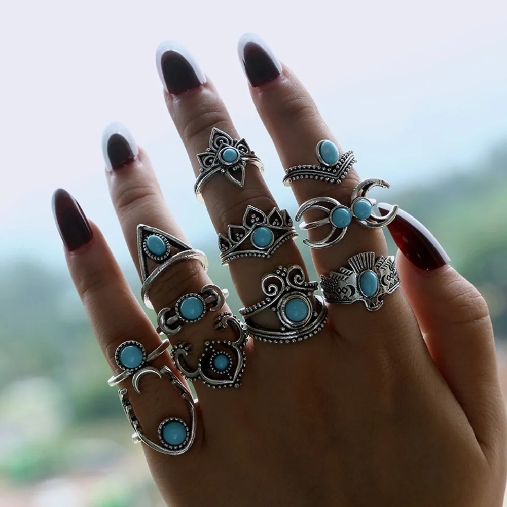 *HALONA* 11-Pc Silver Moon x Turquoise Ring Set